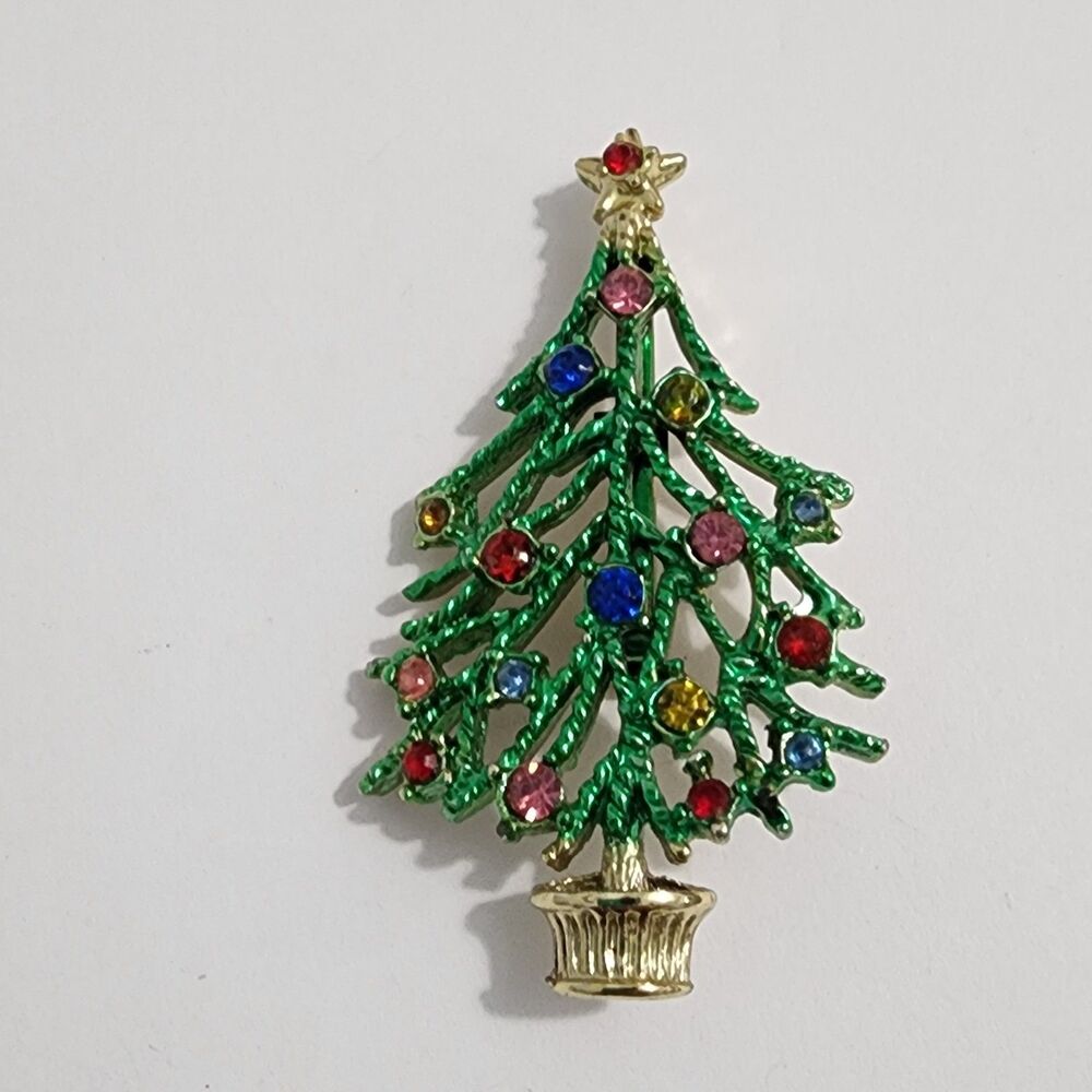 Vintage Christmas Tree Holiday Brooch Pin Multicolor Rhinestones Green Enamel